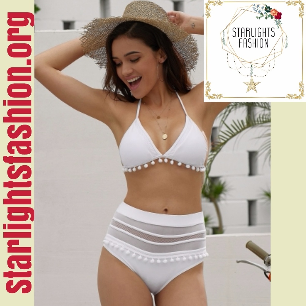 White Pom Pom Mesh Insert High Waist Bikini - Picture 2 of 7